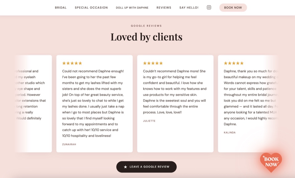 Daphne's Artistry website, Booking